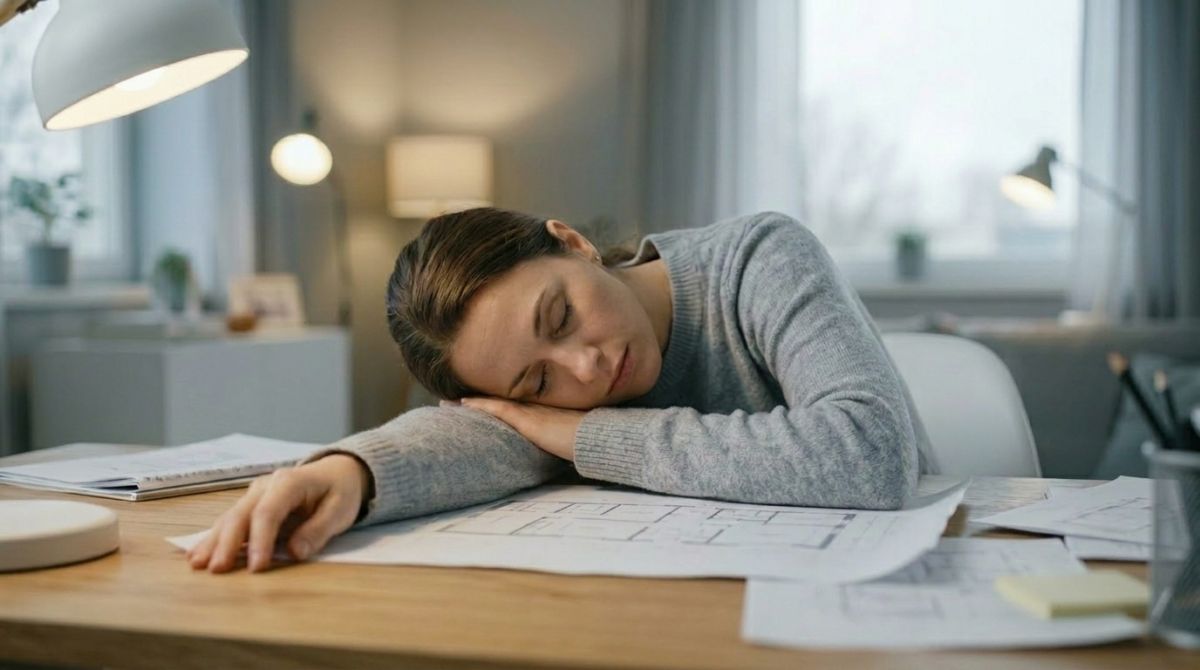 Woman exhausted at desk showing symptoms of fatigue