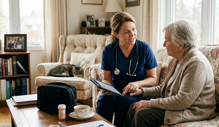 Healthcare provider discussing care plan during home visit