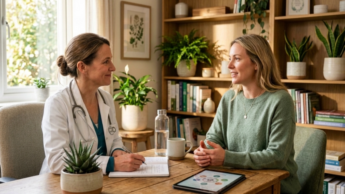 Woman discussing health with functional medicine doctor