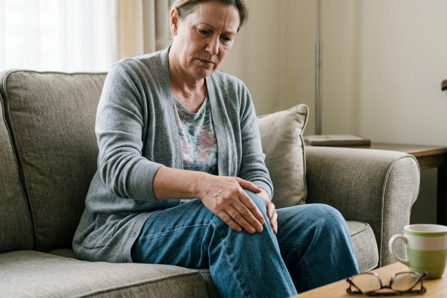 Woman sitting on a couch holding her knee due to joint pain at home