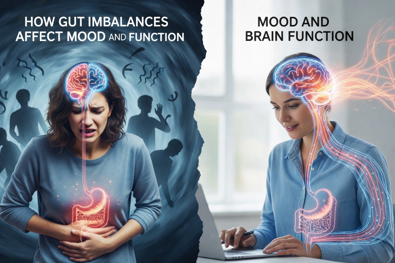 Gut imbalances affecting mood and brain function illustration