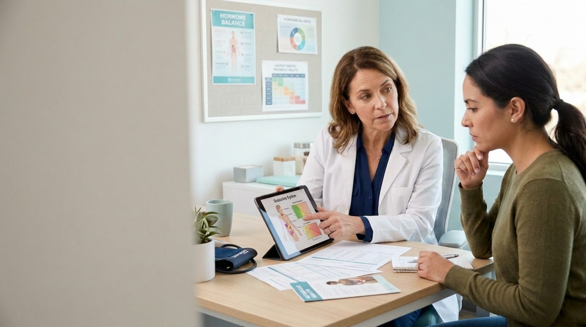 Doctor consulting patient about PMOS diagnosis and hormone health changes