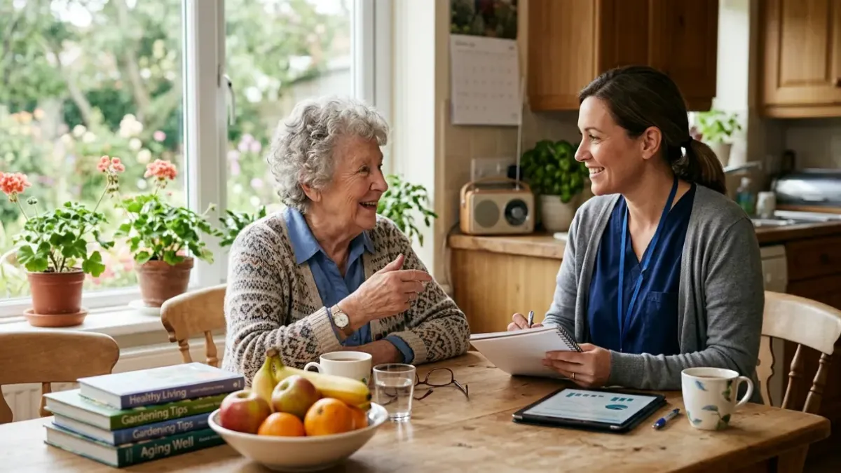 Provider discussing health with patient at home