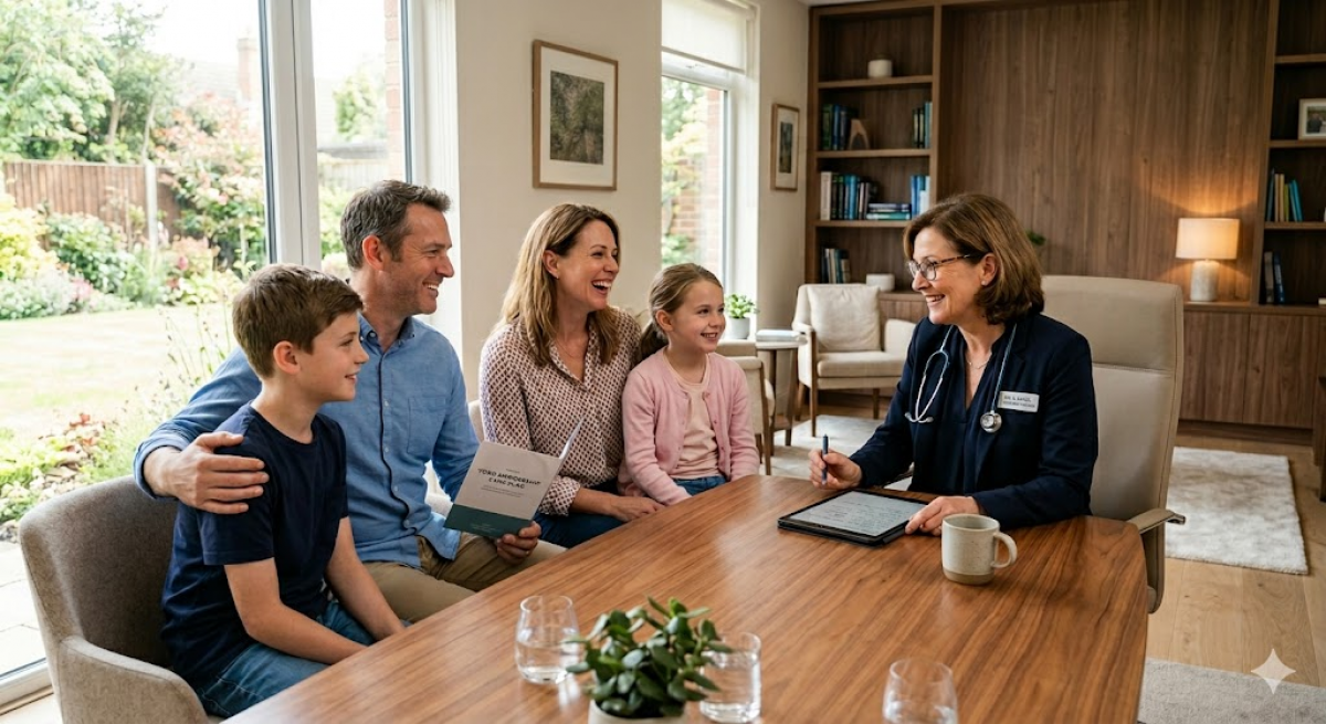 Family meeting doctor about membership-based healthcare options